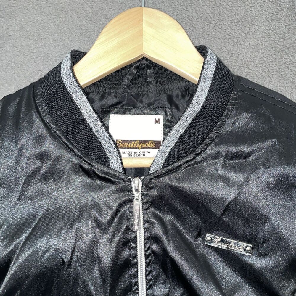 Southpole Women M Cropped Bomber Jacket Black Ruched Satin Y2K Gorpcore Tech - Picture 2 of 16